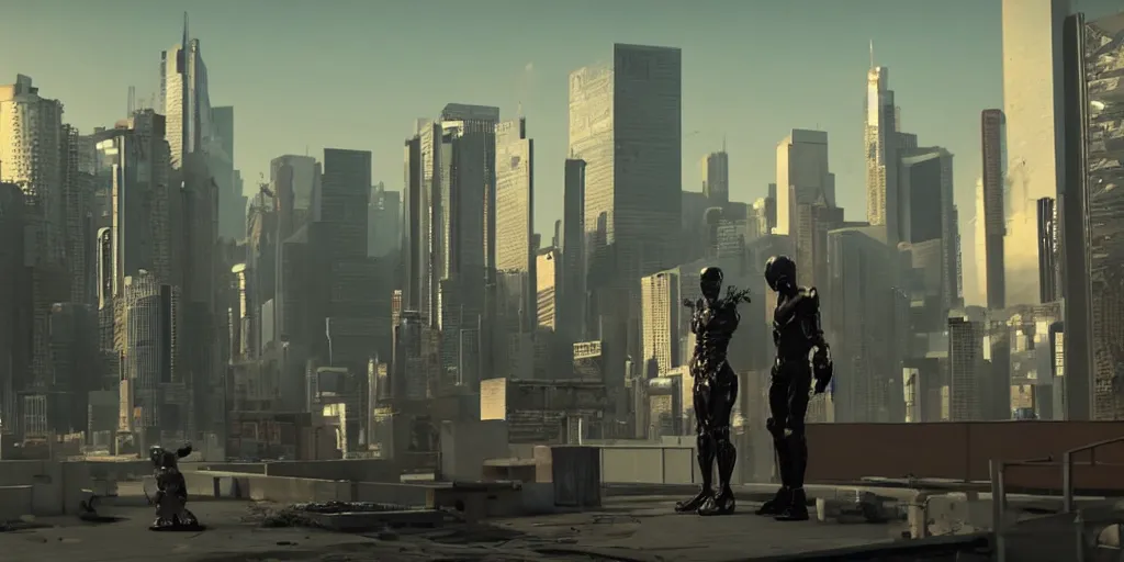 Prompt: cyberpunk buff old man stand-off with Deadcode humanoid robot on a rooftop by Roger Deakins