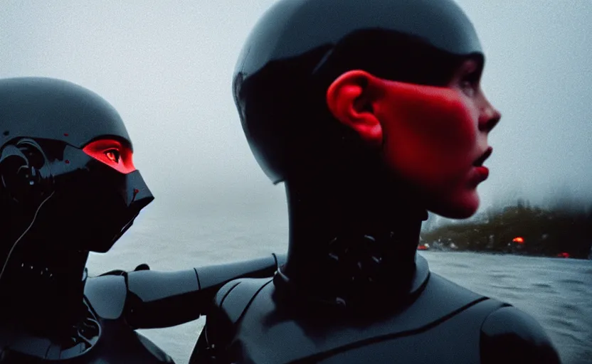 Prompt: cinestill 5 0 d candid photographic portrait by helen levitt of two loving female androids wearing rugged black mesh techwear in treacherous waters, extreme closeup, modern cyberpunk moody emotional cinematic, hurricane, 8 k, hd, high resolution, 3 5 mm, f / 3 2, ultra realistic faces, ex machina