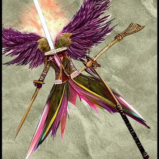 Image similar to medieval weapon, long spear made of feathered wings, prismatic, multi colored feathers, anime style, white background