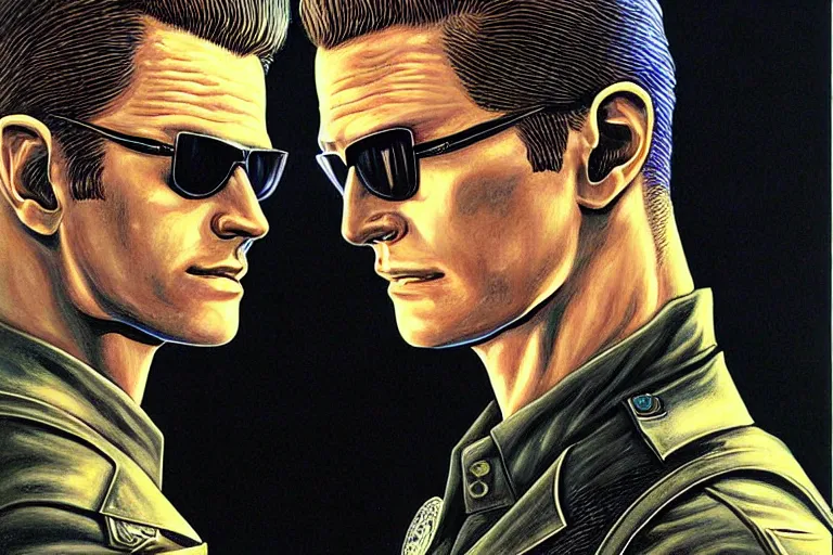 Image similar to albert wesker and chris redfield, painting by jean giraud