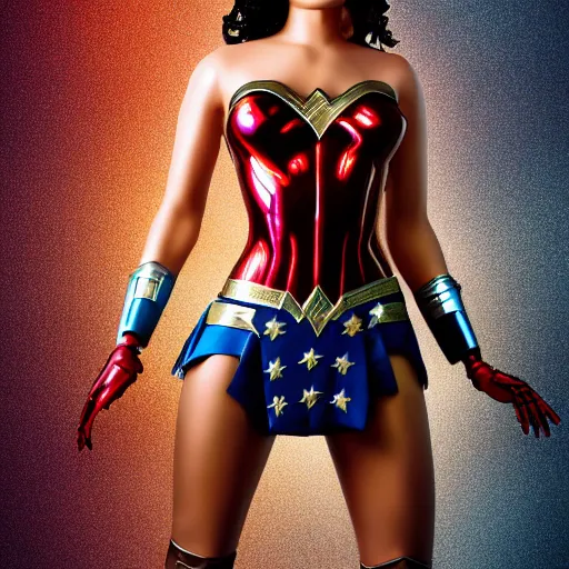 Prompt: robotic wonder woman, photo real, dramatic lightning, highly detailed, high quality, HD, 4k, 8k, Canon 300mm, professional photographer, 40mp, lifelike, top-rated, award winning, realistic, sharp, no blur, edited, corrected, trending