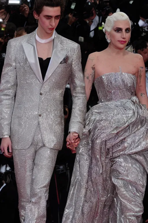 Image similar to timothee chalamet and lady gaga holding hands on the red carpet, beautiful detailed faces, canon eos