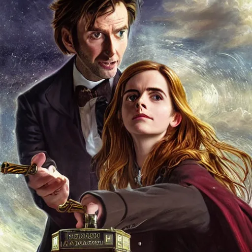 Image similar to david tennant as tenth doctor who and emma watson as hermione granger in tardis, highly detailed, artstation, concept art, fantasy, smooth, sharp focus, illustration, perfect face, art by nikolay makovsky, jacek malczewski, arthur hughes, edward okun, franz xaver winterhalter