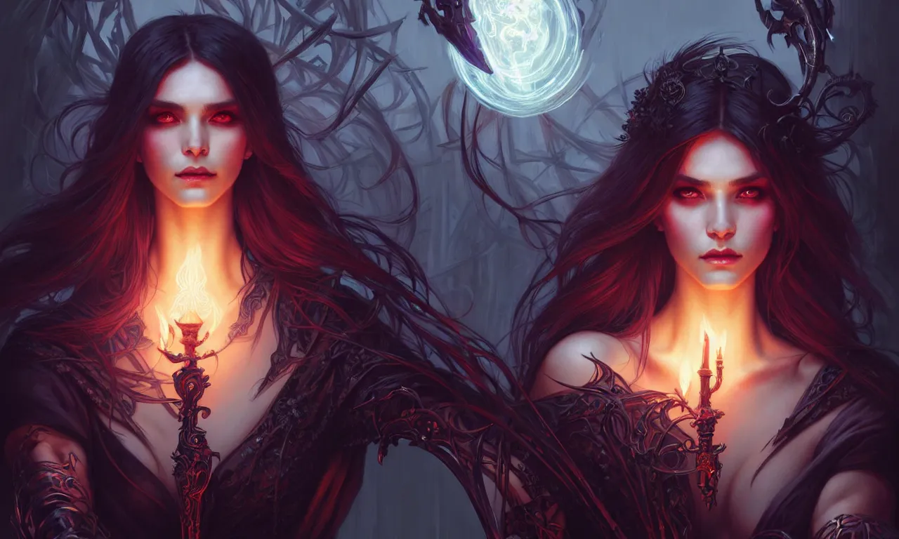 Image similar to Necromancer Sorceress in center, fantasy magic, undercut hairstyle, dark light night, intricate, elegant, sharp focus, illustration, highly detailed, digital painting, concept art, matte, art by WLOP and Artgerm and Greg Rutkowski and Alphonse Mucha, masterpiece