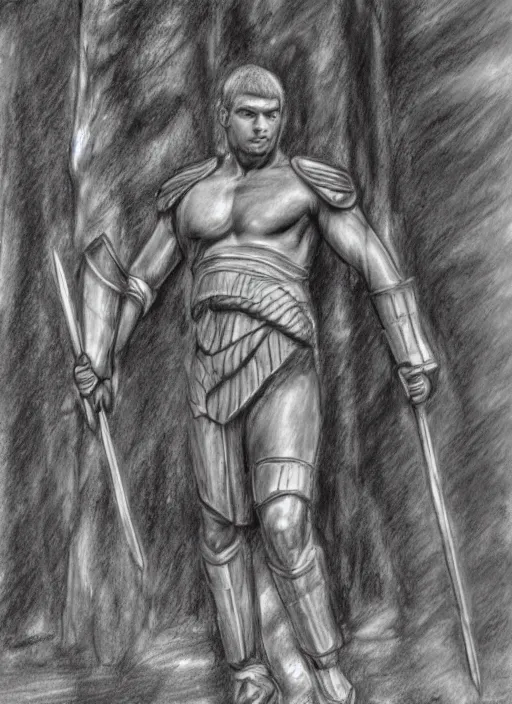 Prompt: a realistic pencil drawing of a praetorian guard in the forest of gaul, pronounced masculine features, low dutch angle, face in focus, natural lighting, realism, strong muscular features