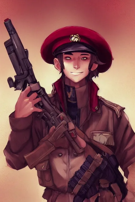 Image similar to beautiful portrait commission of a male furry anthro!!! fruit bat wearing military clothes and a maroon beret. Active Warzone with guns and explosions Atmospheric. Character design by charlie bowater, ross tran, artgerm, and makoto shinkai, detailed, inked, western comic book art