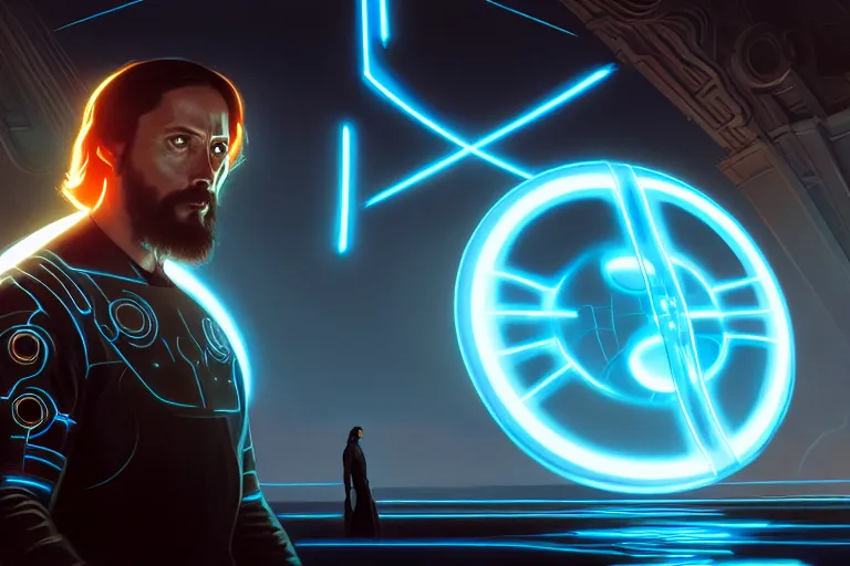 Prompt: tron legacy jesus disc battle, face, diffuse lighting, hyper realistic, concept art, intricate, hyper detailed, smooth, sharp focus, illustration, artstation, art by greg rutkowski and james gurney and alphonse mucha