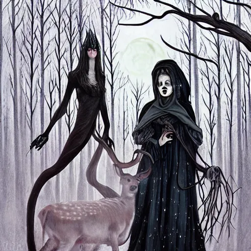 Image similar to an epic horrific wiccan gothic painting of a mother - nature witch cult woman wearing a deer skull, in a moonlit forest by gerald brom by junji ito by vanessa lemen by charlie bowater