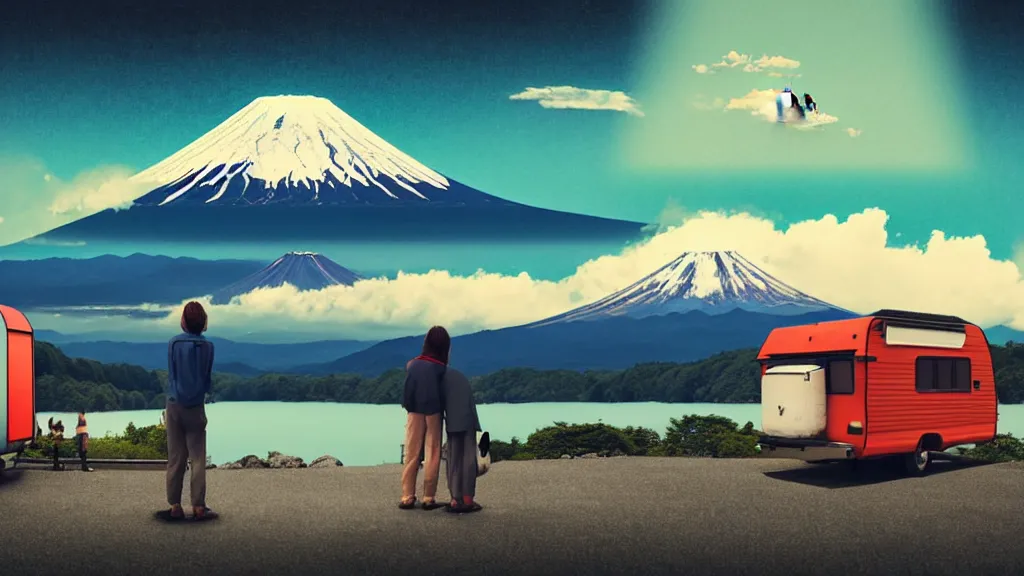 Image similar to a scene of two travellers and their camper touring overlook at the edge of yamanaka lake, reflecting mount fuji and a dramatic sky, japan, a collage painting, in the style of wes anderson, lola dupre, david hockney, isolated on negative white space background dark monochrome neon spraypaint accents volumetric octane render