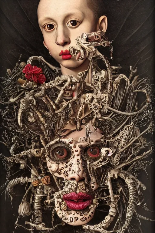 Prompt: Detailed maximalist portrait with large lips and with large, wide eyes, sad expression, extra bones, HD mixed media, 3D collage, highly detailed and intricate, surreal, illustration in the style of Caravaggio, dark art, baroque