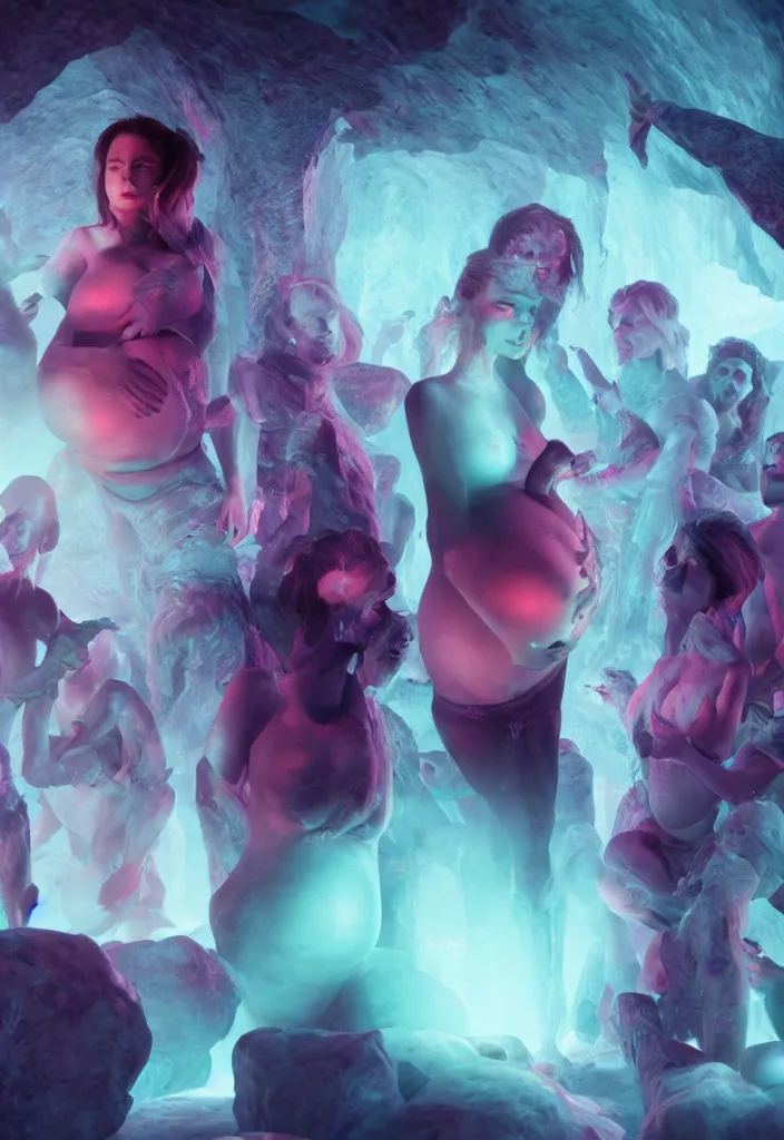 Prompt: epic leader pregnant woman talking to all her tribe with fluorescence bodies, proud people looking at the pregnant woman, ice cave, facinating, fantasy digital art, octane render, beautiful composition, trending on artstation, coherent, masterpiece, photorealistic