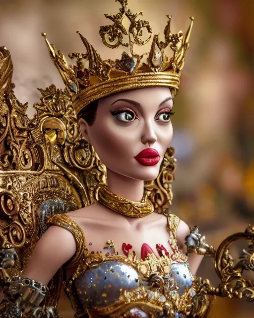 Image similar to highly detailed closeup, face profile portrait of a tin toy angelina jolie as a fairytale princess wearing a crown and sitting on a throne, bikini, depth of field, nicoletta ceccoli, mark ryden, lostfish, max fleischer, breathtaking, detailed and intricate environment, 8 k resolution, hyperrealistic, octane render
