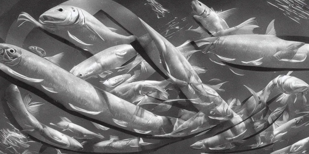 Image similar to retro future, slightly scary escher like projections of fish with human hands for fins