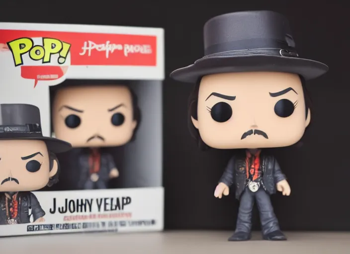 Prompt: product still of Johnny Depp funko pop with box, 85mm f1.8
