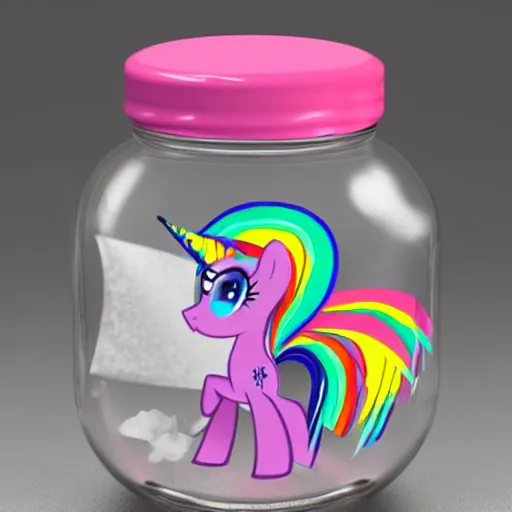 Image similar to a my little pony figure in a jar covered in a mysterious sticky yellowish fluid