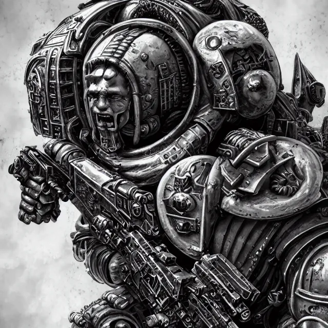 Image similar to a portrait of a space marine from warhammer 4 0 k, an ultrafine hyperdetailed illustration by kim jung gi, irakli nadar, intricate linework, bright colors, octopath traveler, final fantasy, unreal engine 5 highly rendered, global illumination, radiant light, detailed and intricate environment