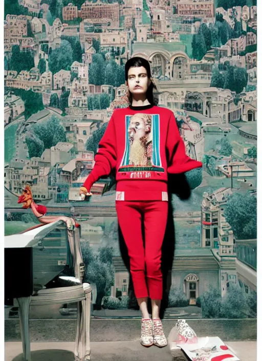 Image similar to a beautiful girl in a gucci sweater is creating a new city photographed by maurizio cattelan and pierpaolo ferrari with the art direction of micol talso for toiletpaper magazine