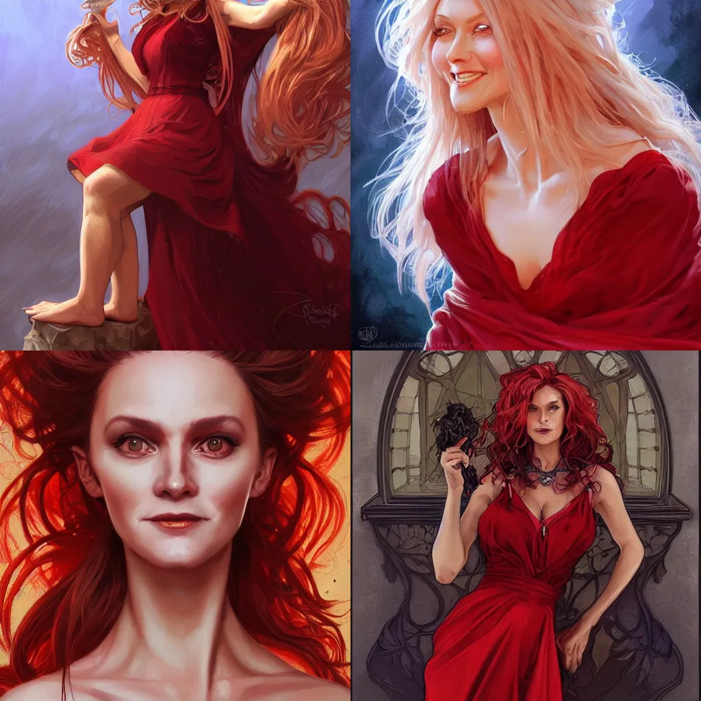 Prompt: middle-aged witch, pleasant smile, foxy, sharp features, big hair, bleached hair, sleeveless red dress, highly detailed, digital painting, artstation, concept art, smooth, sharp focus, beautiful face, expressive eyes, illustration, art by Artgerm and greg rutkowski and alphonse mucha