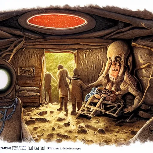 Image similar to primitive extraterrestrial villagers caring for injured human at bedside, inside primitive hut, cinematic, worm's eye view, dramatic lighting, illustration, ron cobb, mike mignogna, science fiction, detailed painting, high detail, rough paper