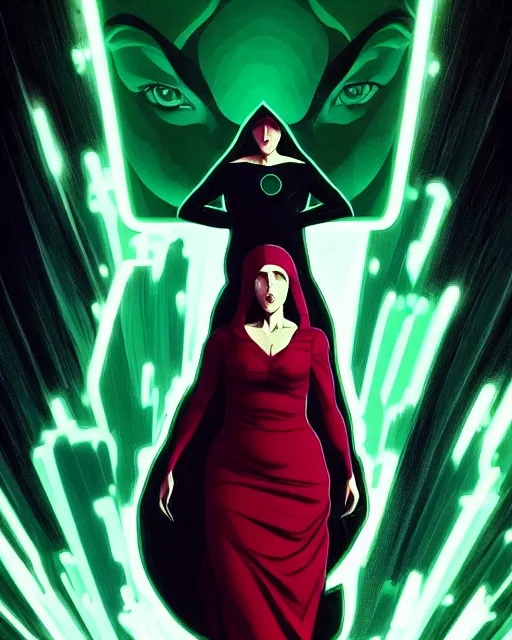 Prompt: Rafeal Albuquerque comic art, Joshua Middleton comic art, cinematics lighting, beautiful Anna Kendrick supervillain, green dress with a black hood, angry, symmetrical face, full body, flying in the air, night time, red mood in background