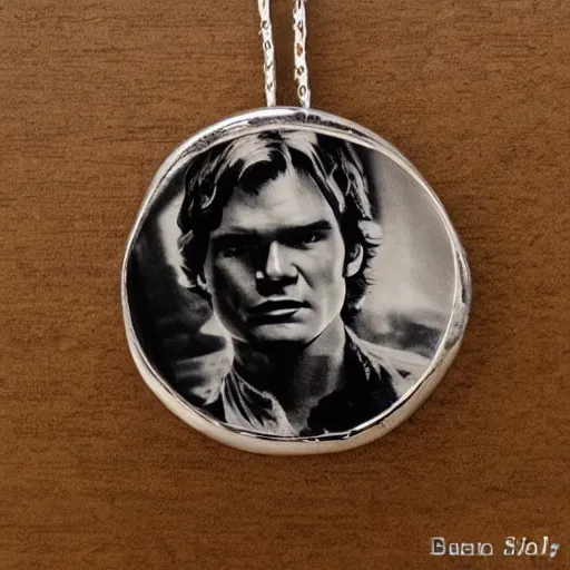 Prompt: an inlayed jewelry portrait of Han Solo