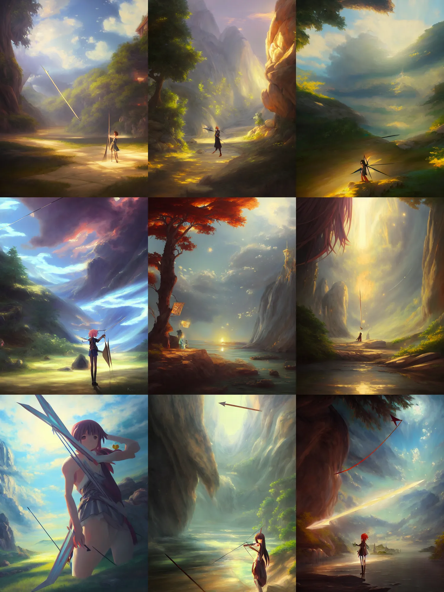 Prompt: classical oil painting of anime environment concept art featuring a magic arrow enchanted with energy, fantasy, trending on artstation, stylistic, brush strokes, oil, canvas, by kawacy and makoto shinkai