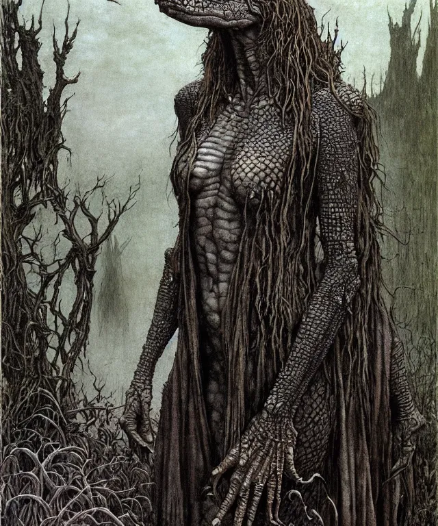 Image similar to A detailed horned crocodilewoman stands near the swamp. Wearing a ripped mantle, robe. Perfect faces, extremely high details, realistic, fantasy art, solo, masterpiece, art by Zdzisław Beksiński, Arthur Rackham, Dariusz Zawadzki