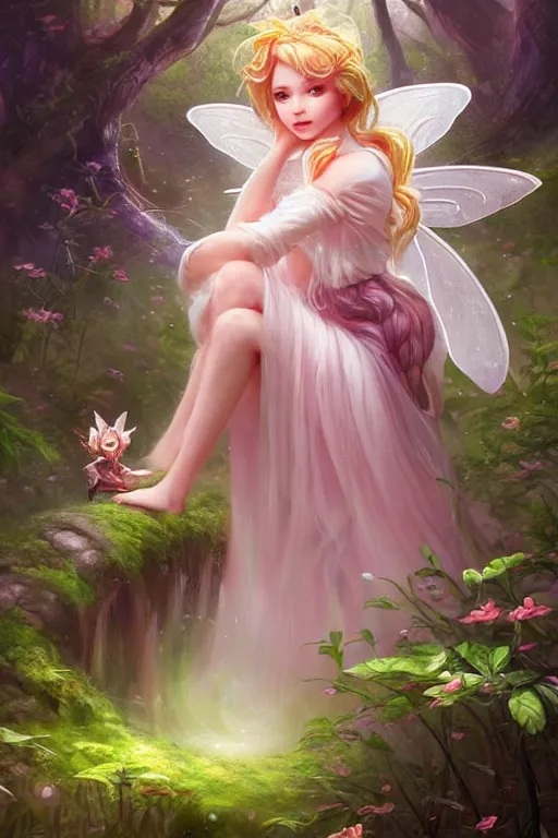 Image similar to a cute fairy in the dreamy forest, fantasy, 8 k resolution, hyper detailed, d & d, character design, digital painting, trending on artstation, sharp focus, illustration, art by artgerm, steve zheng, fuji choko, viktoria gavrilenko, hoang lap