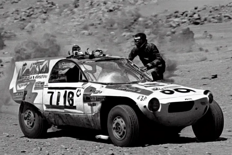 Image similar to a single 1 9 6 7 dakar rally bmw, race footage, speed, movie still from bladerunner