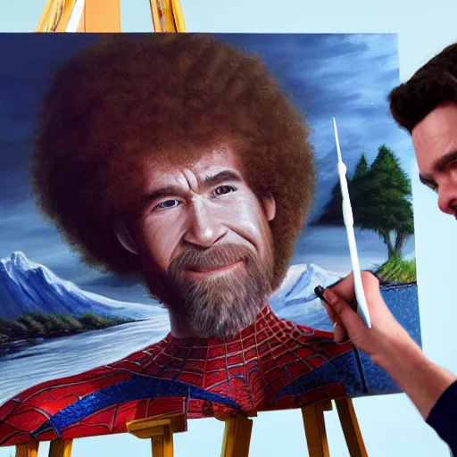 Image similar to a closeup photorealistic photograph of bob ross working on a canvas painting of spiderman. film still. brightly lit scene. mountains and trees. this 4 k hd image is trending on artstation, featured on behance, well - rendered, extra crisp, features intricate detail, epic composition and the style of unreal engine.