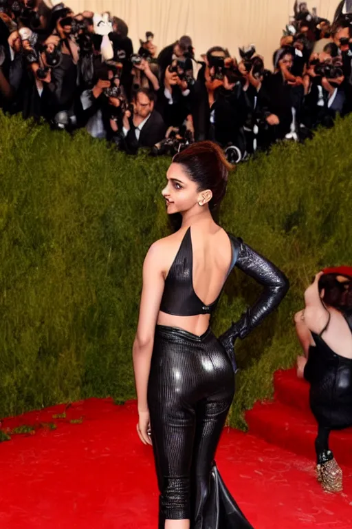 Prompt: Beautiful photograph of Deepika Padukone wearing a black leather bodysuit by Tom Ford at Met Gala red carpet Getty Images, detailed face 8k UHD XL resolution