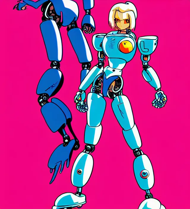 Image similar to retrowave robot girl protagonist, animation character design by akira toriyama, don bluth, jack kirby, action - adventure, sharp detail, artstation trending, conceptart. com