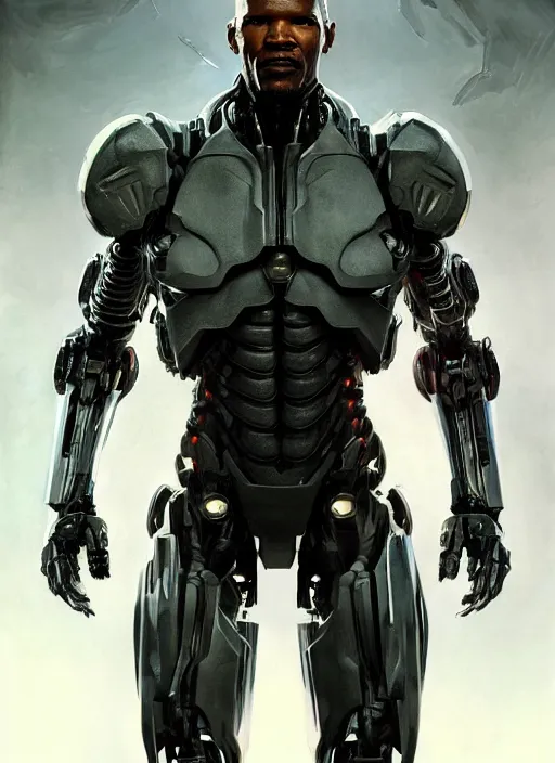 Image similar to jamie foxx as victor stone, full body concept, cyborg, borg, strogg, face of a man, terminator, flesh, quake strogg, doom demon, wolfenstein, monstrous, powerful, symmetry, symmetrical, concept art by ruan jia and greg rutkowski