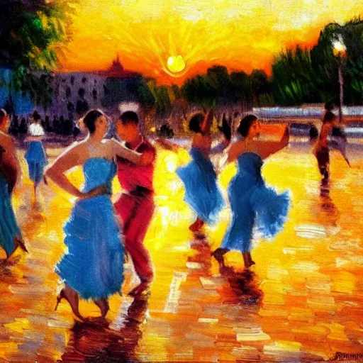 Image similar to impressionist painting of salsa dancers near the seine at sunset