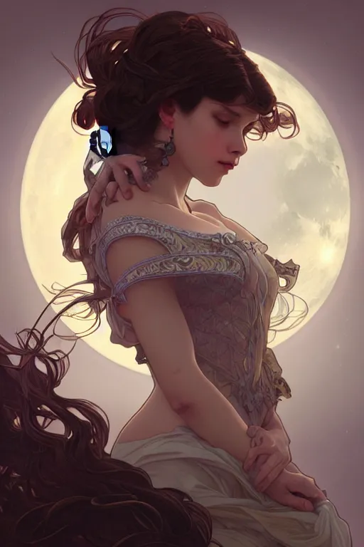 Prompt: moonlight, dark fantasy, intricate, elegant, highly detailed, digital painting, artstation, concept art, matte, sharp focus, illustration, art by artgerm and alphonse mucha