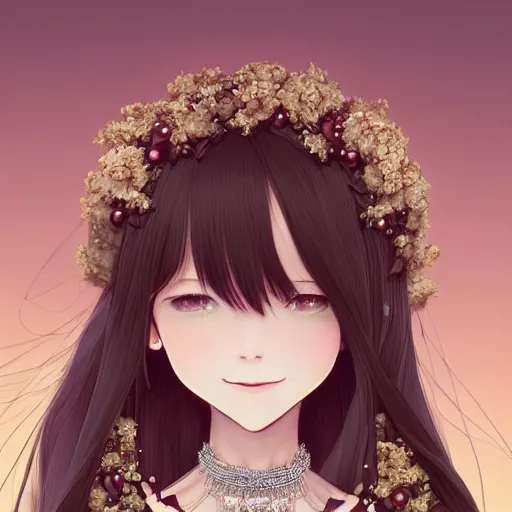 Prompt: a portrait of a cute woman with a big smile and long flowy hair, digital painting by ilya kuvshinov, wearing an ornate dress with lots of necklaces, by reiq, by takeshi obata, beautiful woman, hiromu arakawa, masashi kishimoto, 4 k wallpaper, masterpiece, gorgeous, stunning