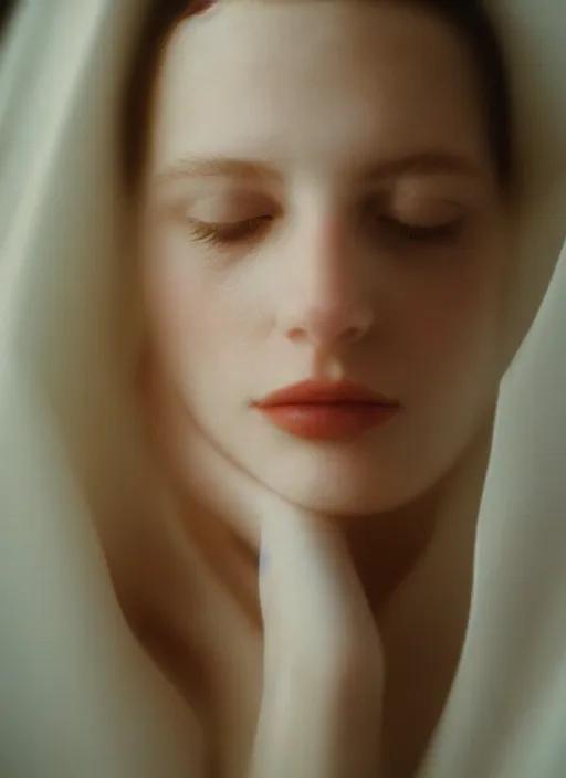 Image similar to out of focus photorealistic portrait of a beautiful!!! aesthetic!!! pale woman by saul leiter, behind a white latex sheet, very blurry, translucent white skin, closed eyes, foggy