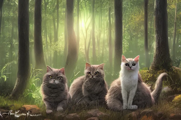 Image similar to cats in the forest, backlighting, digital art, trending on artstation, fanart, by wayne mclouglin, by kawacy