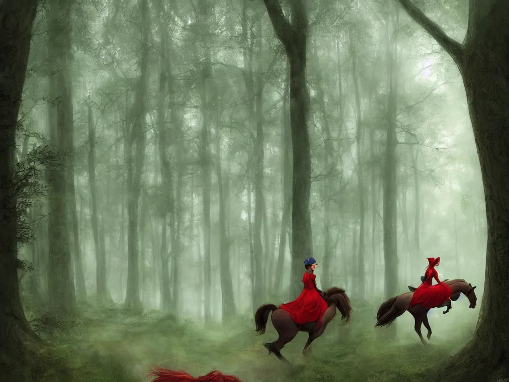 Image similar to serene green oak and beech forest, mysterious female beauty wearing a red cap slowly rides on here beautiful horse through the forest, rays of life, cinematic, fantasy art, moody evening light, foggy, trending on artstation, by esao andrews, by naoto hatori, by tyler jacobson