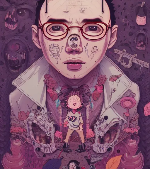 Image similar to portrait, nightmare anomalies, leaves with gangsters by miyazaki, violet and pink and white palette, illustration, kenneth blom, mental alchemy, james jean, pablo amaringo, naudline pierre, contemporary art, hyper detailed