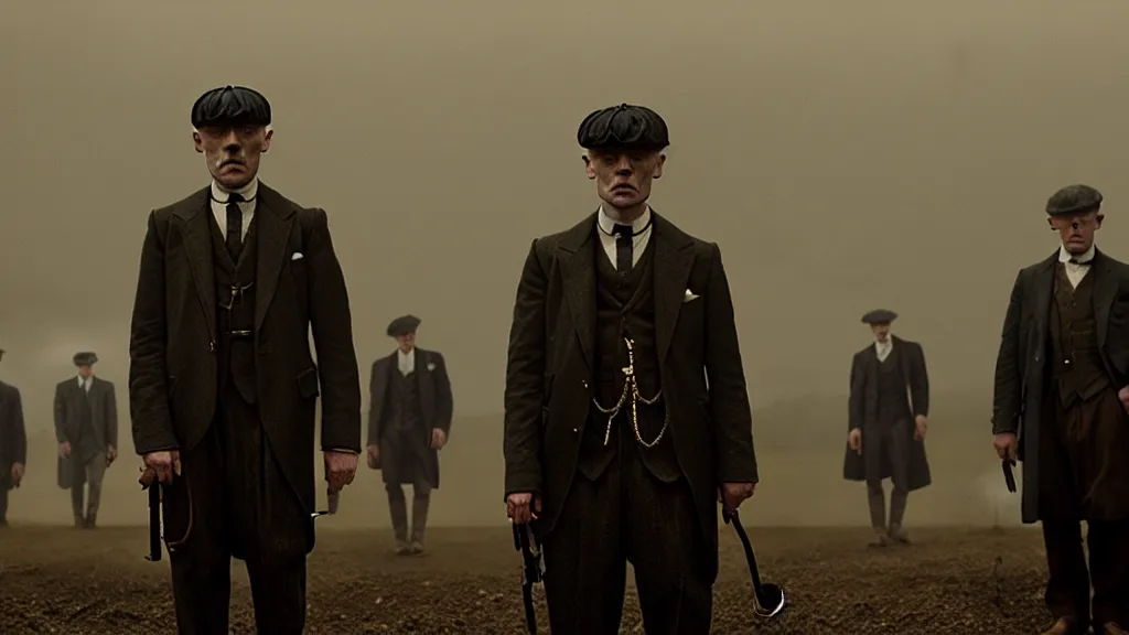 Image similar to the peaky blinders with peanuts heads, film still from the movie directed by denis villeneuve with art direction by zdzis