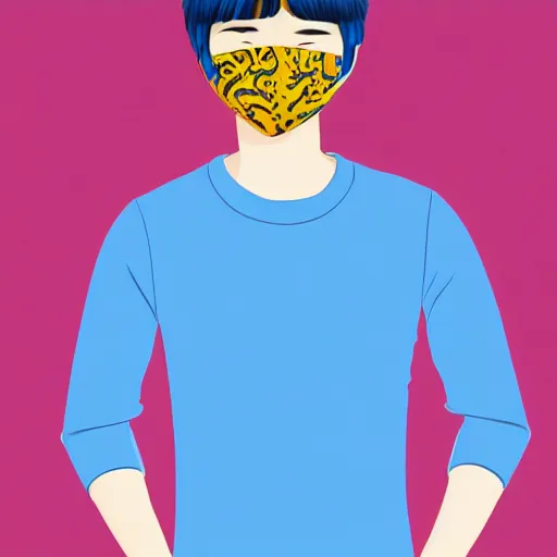 Image similar to 2 0 years old masked asian guy wearing blue long sleeve blouse by folding his sleeves, 8 k, hd, hyperrealistic details, illustrator art style
