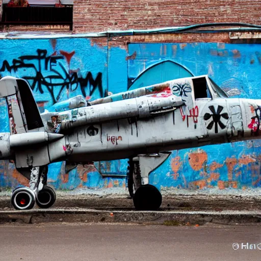 Prompt: Fairchild A-10 Thunderbolt covered in street art, in bone yard