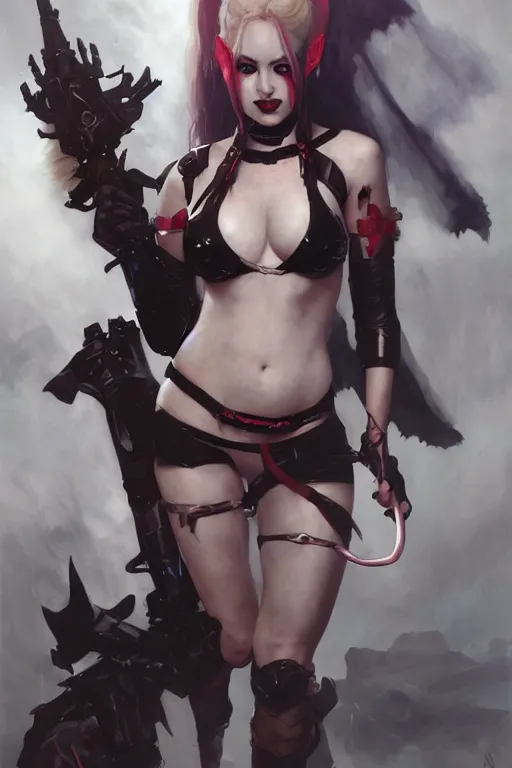 Image similar to portrait of succubus Harley Quinn in bikini armor, dc comics, cyberpunk, Warhammer 40000, dark fantasy, digital art from artstation by Ruan Jia and Mandy Jurgens and Artgerm and william-adolphe bouguereau