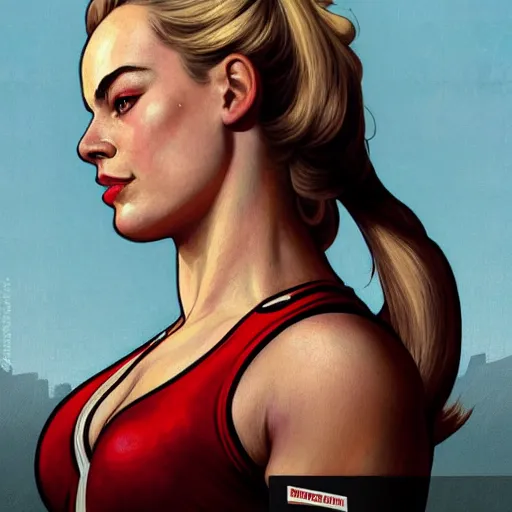 Image similar to socialist realism propaganda poster of margot robbie as beautiful female very muscular weightlifter from overwatch, portrait, profile picture, socialist realism, highly detailed, intricate, digital painting, artstation, sharp focus, illustration, art by jakub rozalski, greg rutkowski, artgerm, tan zi and ayanamikodon and alphonse mucha and wlop