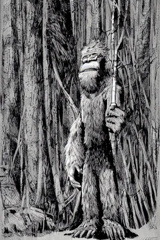 Image similar to mad bigfoot screaming in the woods artwork by ben templesmith