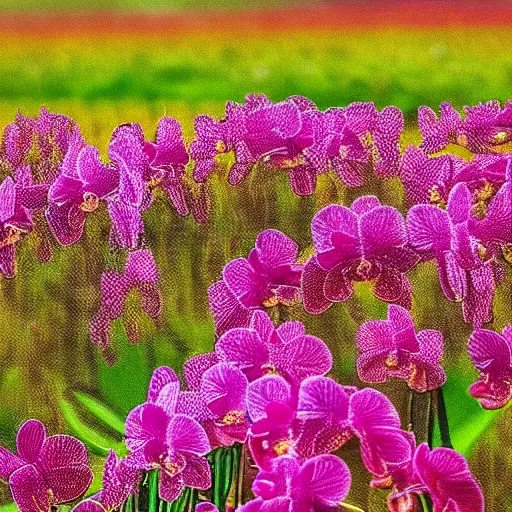 Prompt: Colorful orchid flower blossoming in field of flowers, climax, overwhelming, brilliant, cinematic, epic, 8k, sharp focus, color grain 35mm, tilt-shift, dslr, high detail