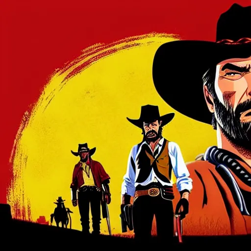 Image similar to a cowboy at high noon in the style of red dead redemption, lucky luke, the good, the bad and the ugly, clint eastwood, steven seagal, bud spencer, donald trump, glory days, patriotism