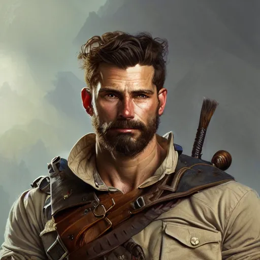 Image similar to Portrait of rugged male ranger, D&D, muscular, fantasy, intricate, elegant, highly detailed, digital painting, artstation, concept art, smooth, sharp focus, illustration, art by artgerm and greg rutkowski and alphonse mucha