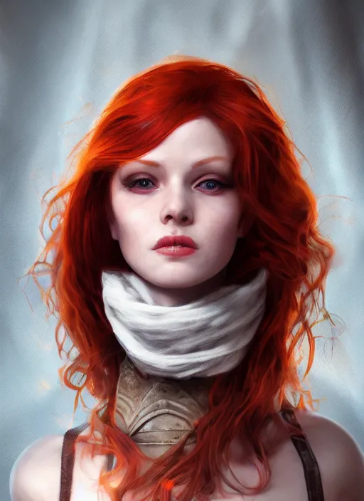 Image similar to Beautiful redhead girl which chest wrapped in bandages, portrait, fantasy, medieval, vivid colors, fantasy, elegant, concept art, sharp focus, beautiful face, digital art, Hyper-realistic, 4K, Unreal Engine, Highly Detailed, HD, Dramatic Lighting by Brom, trending on Artstation